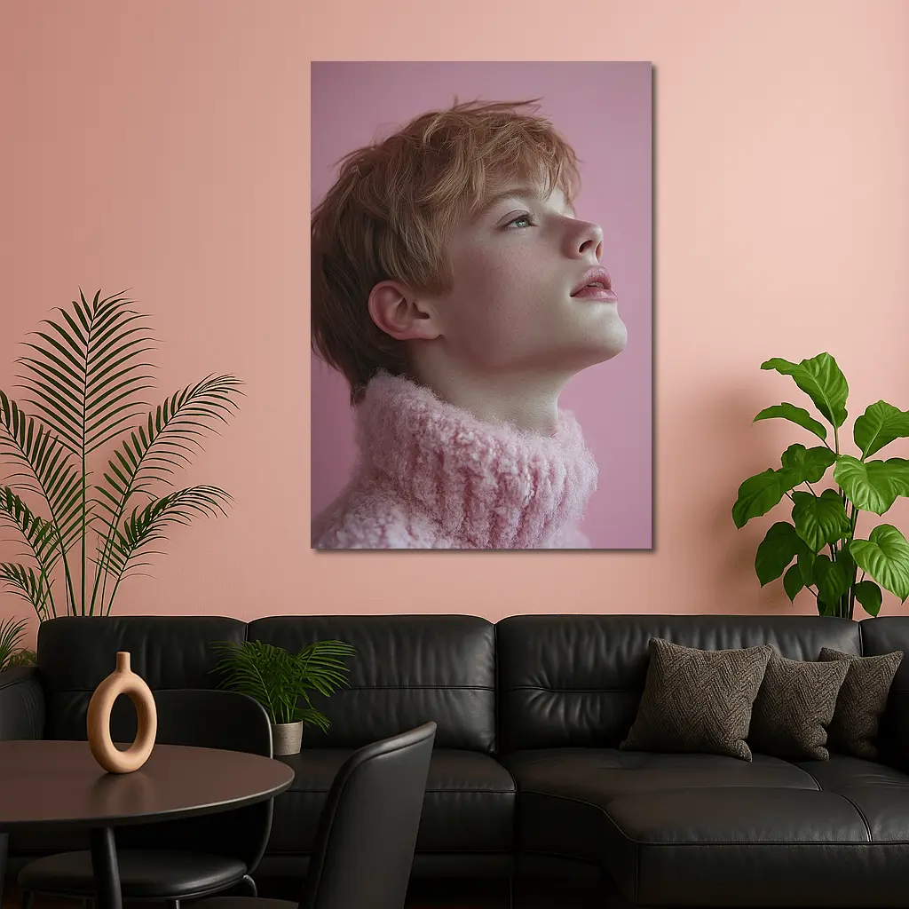 Young Boy Looking Up Pink Background – Wall Art