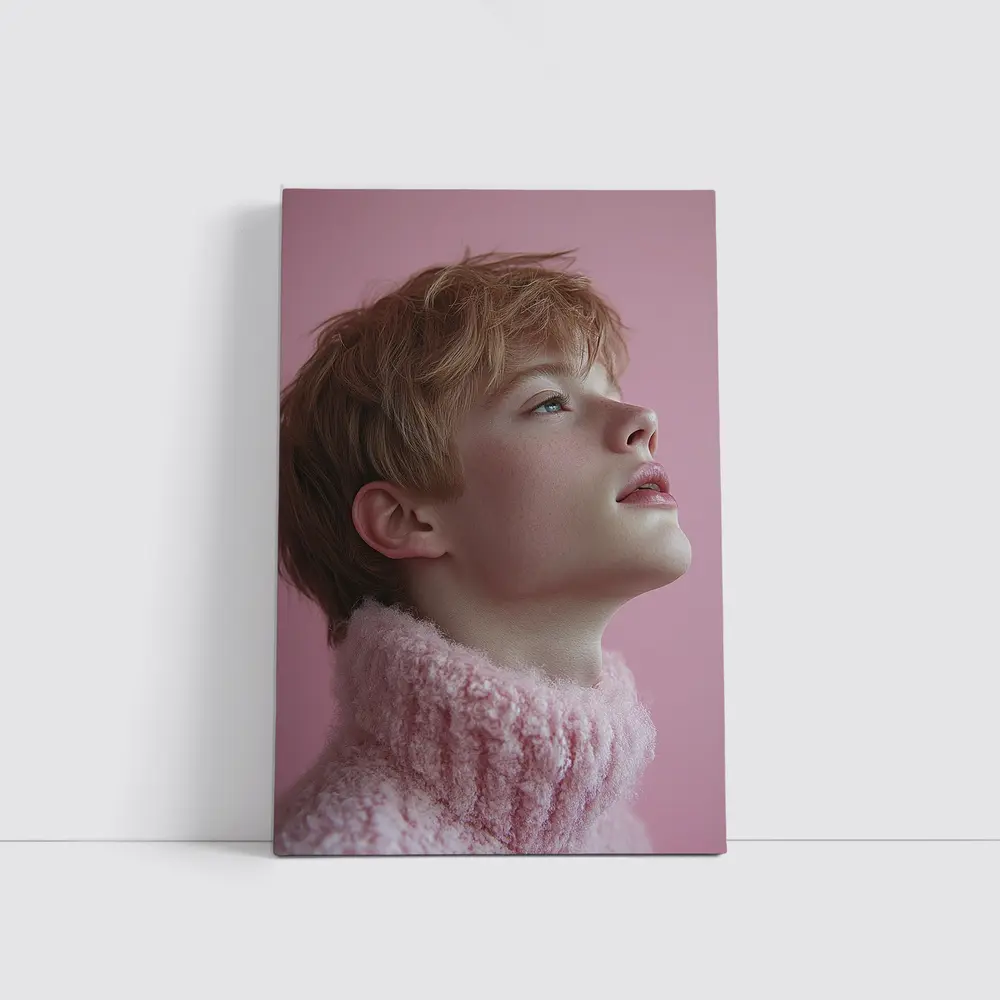 Young Boy Looking Up Pink Background – Wall Art
