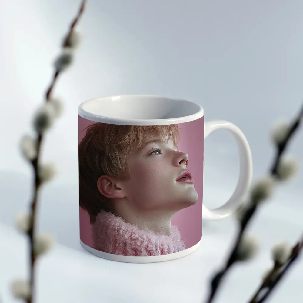 Young Boy Looking Up Pink Background – Mugs