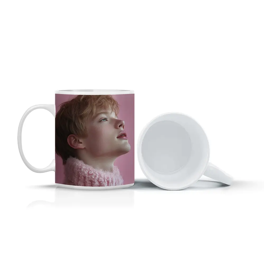 Young Boy Looking Up Pink Background – Mugs