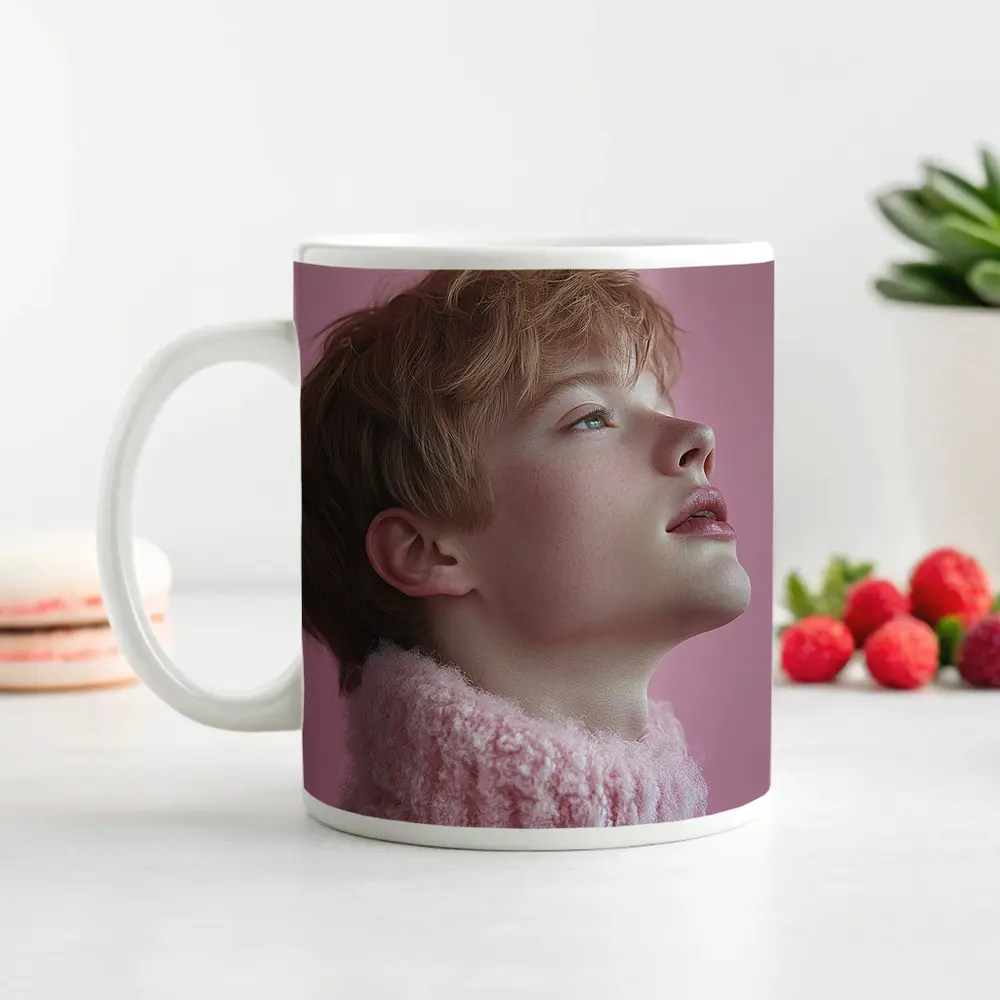 Young Boy Looking Up Pink Background – Mugs