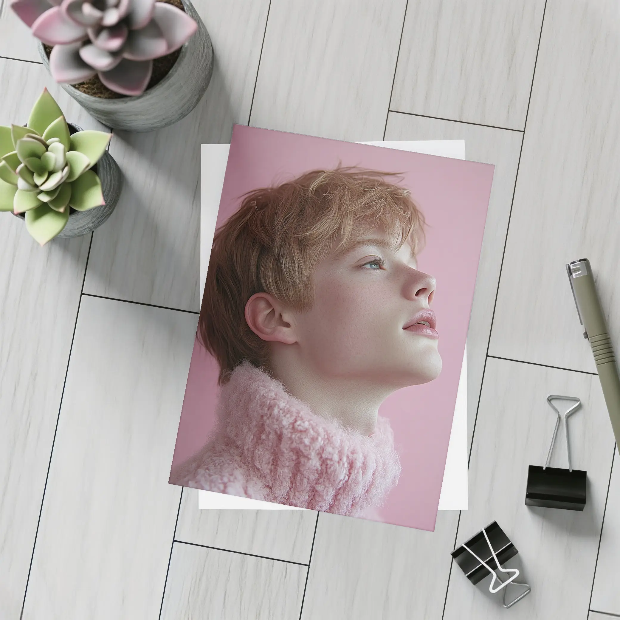 Young Boy Looking Up Pink Background – Postcards