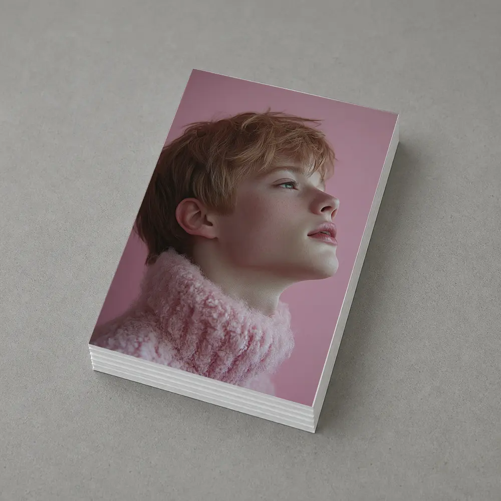 Young Boy Looking Up Pink Background – Postcards