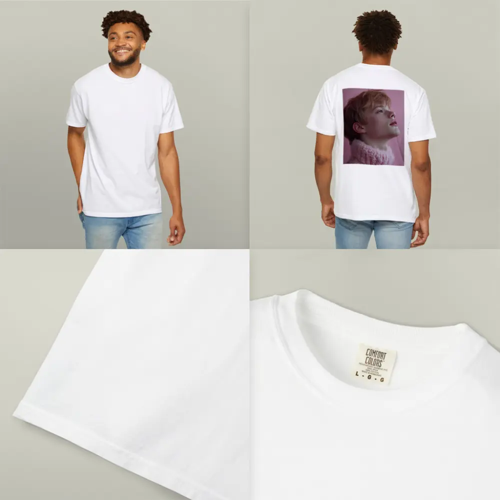Young Boy Looking Up Pink Background – T-Shirts