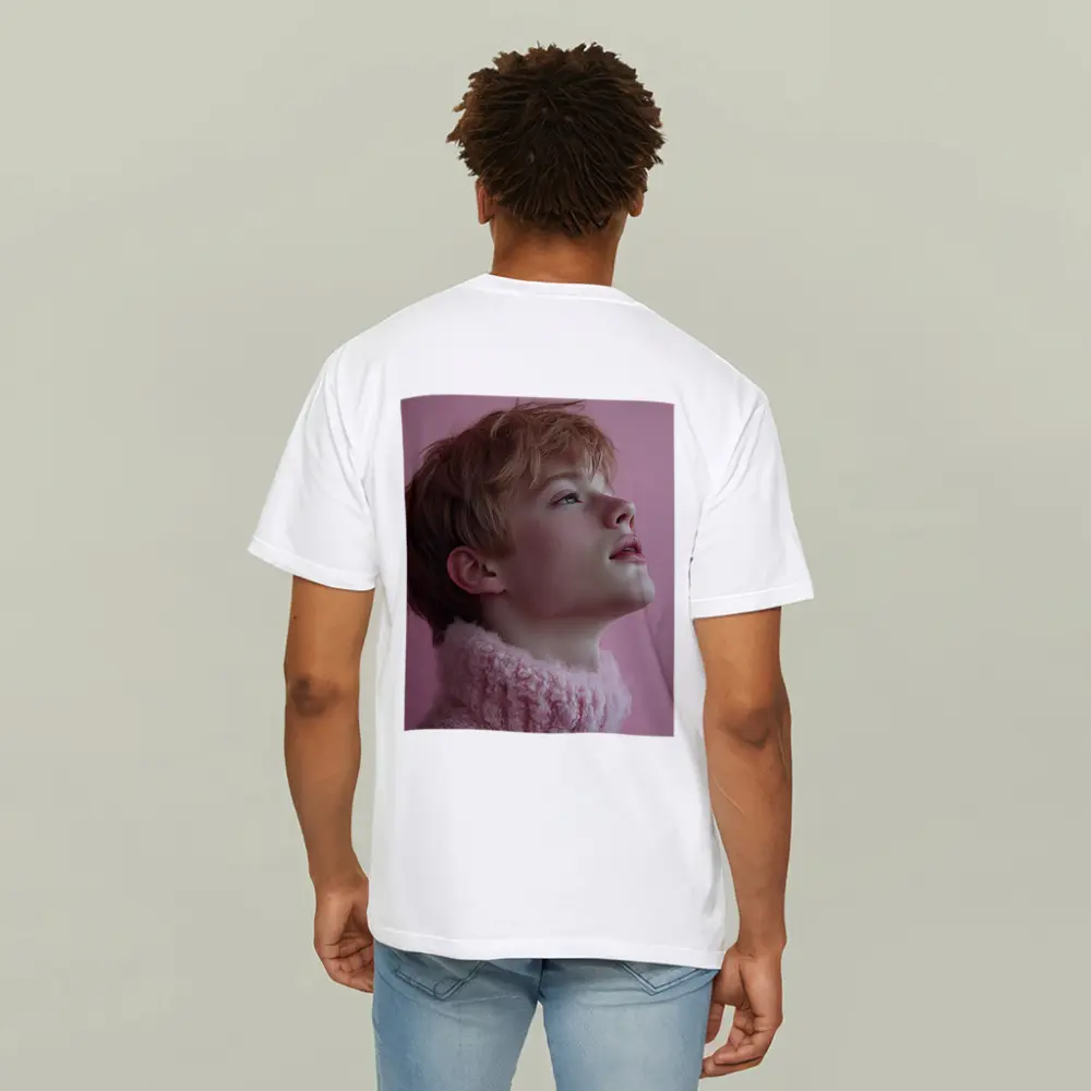 Young Boy Looking Up Pink Background – T-Shirts
