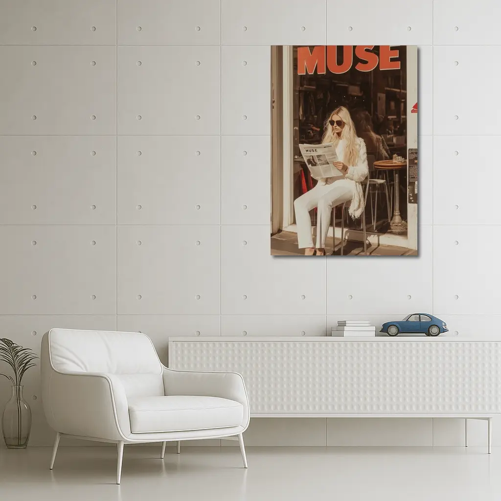 Blonde Woman Reading Newspaper Cafe Street – Wall Art