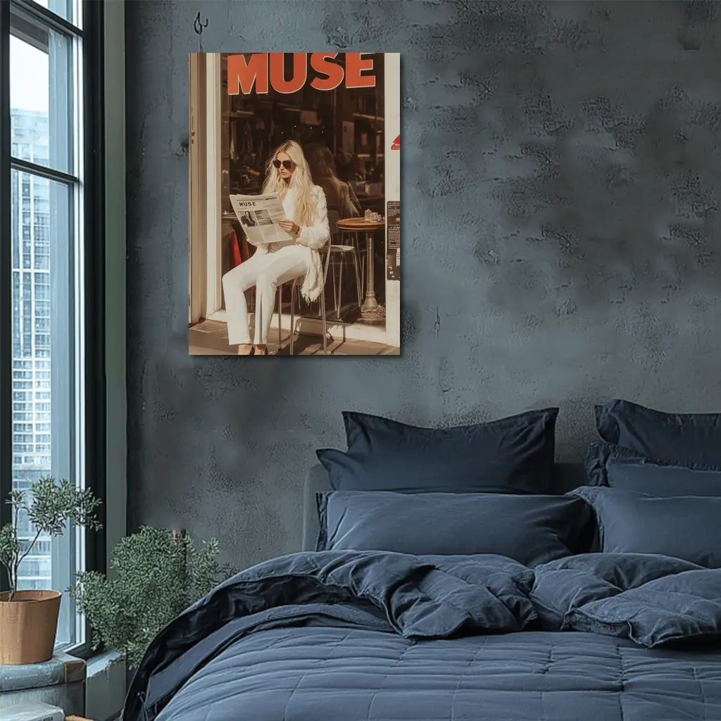 Blonde Woman Reading Newspaper Cafe Street – Wall Art