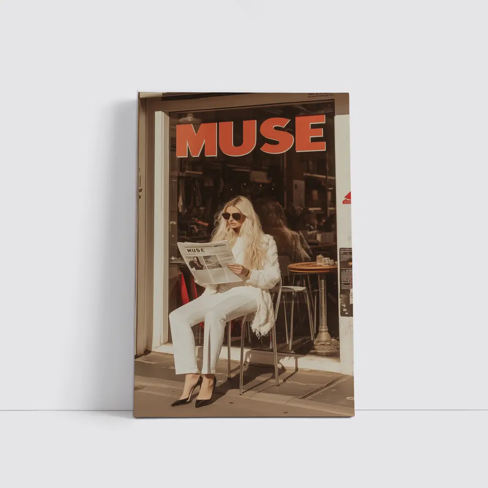 Blonde Woman Reading Newspaper Cafe Street – Wall Art