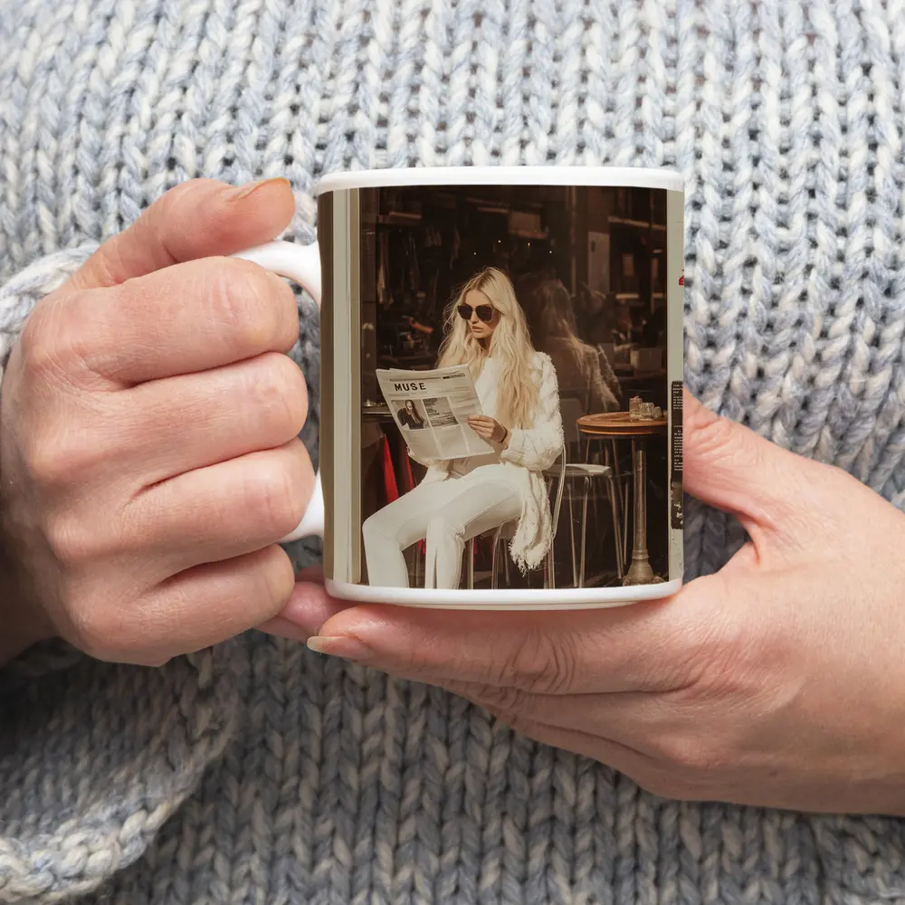 Blonde Woman Reading Newspaper Cafe Street – Mugs