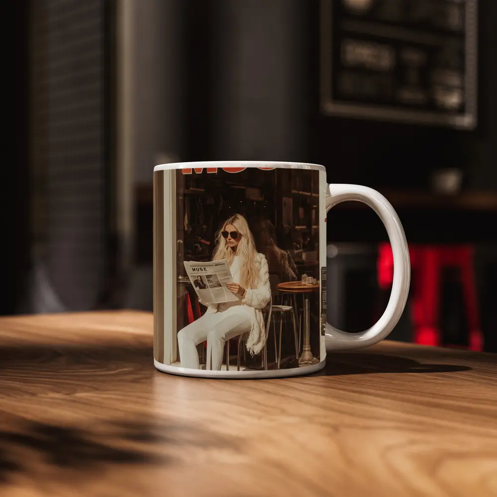 Blonde Woman Reading Newspaper Cafe Street – Mugs