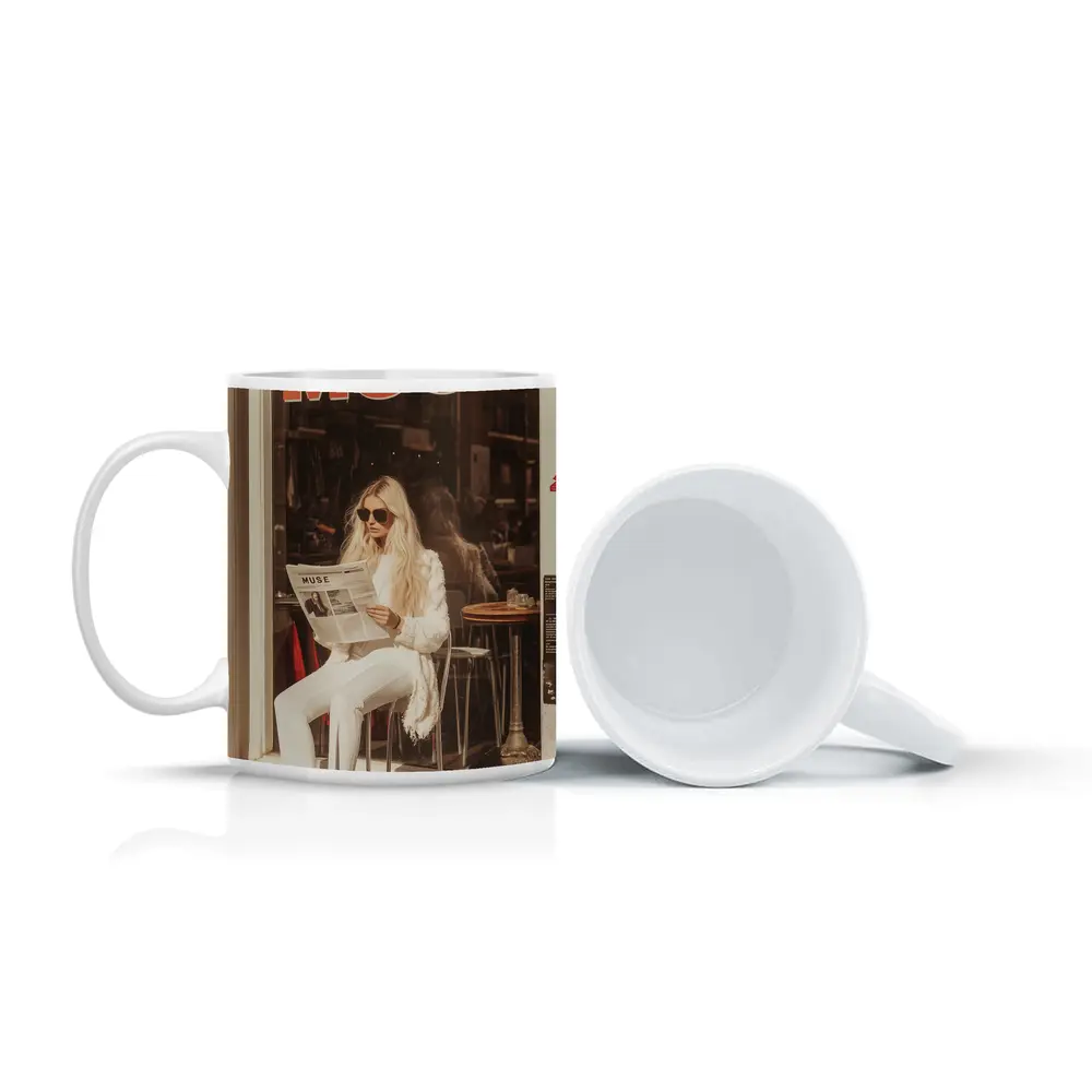 Blonde Woman Reading Newspaper Cafe Street – Mugs