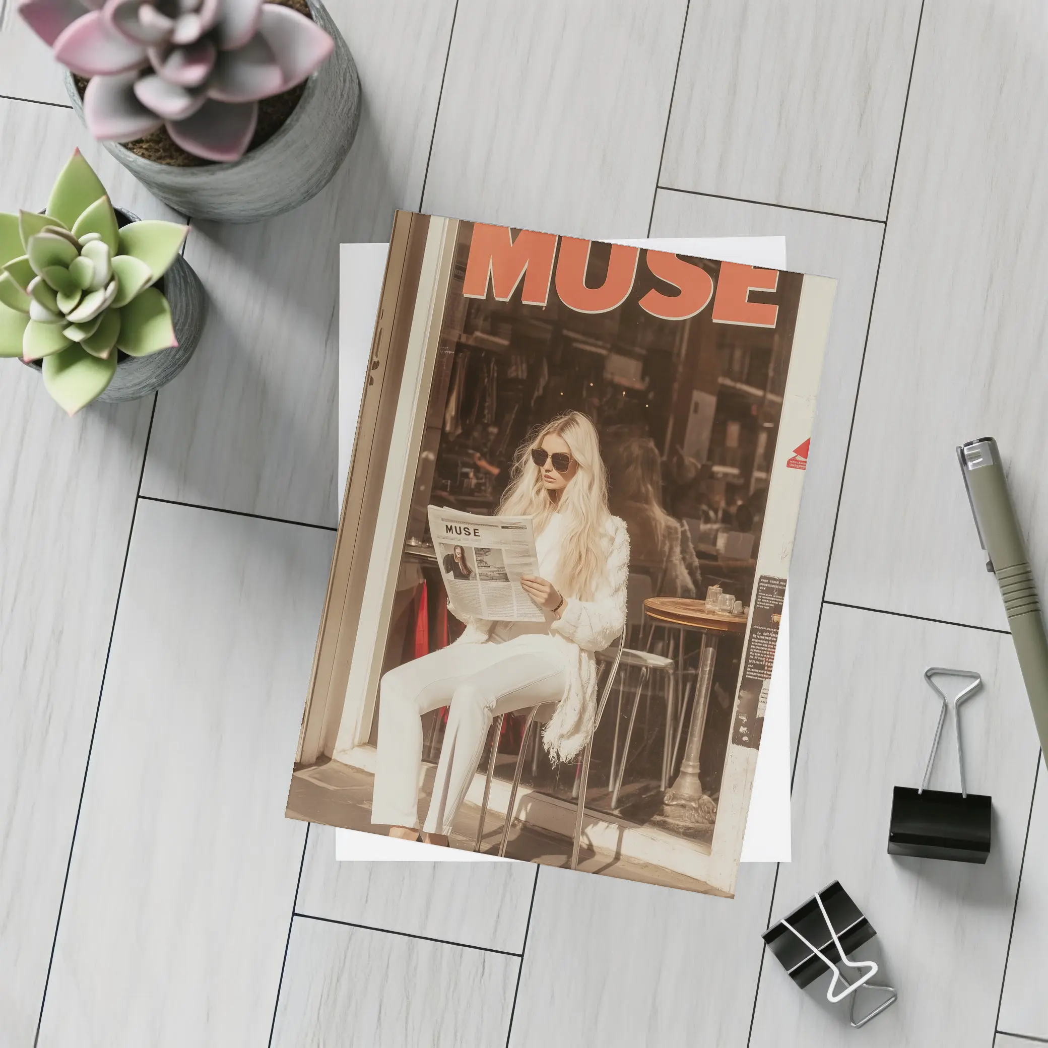 Blonde Woman Reading Newspaper Cafe Street – Postcards