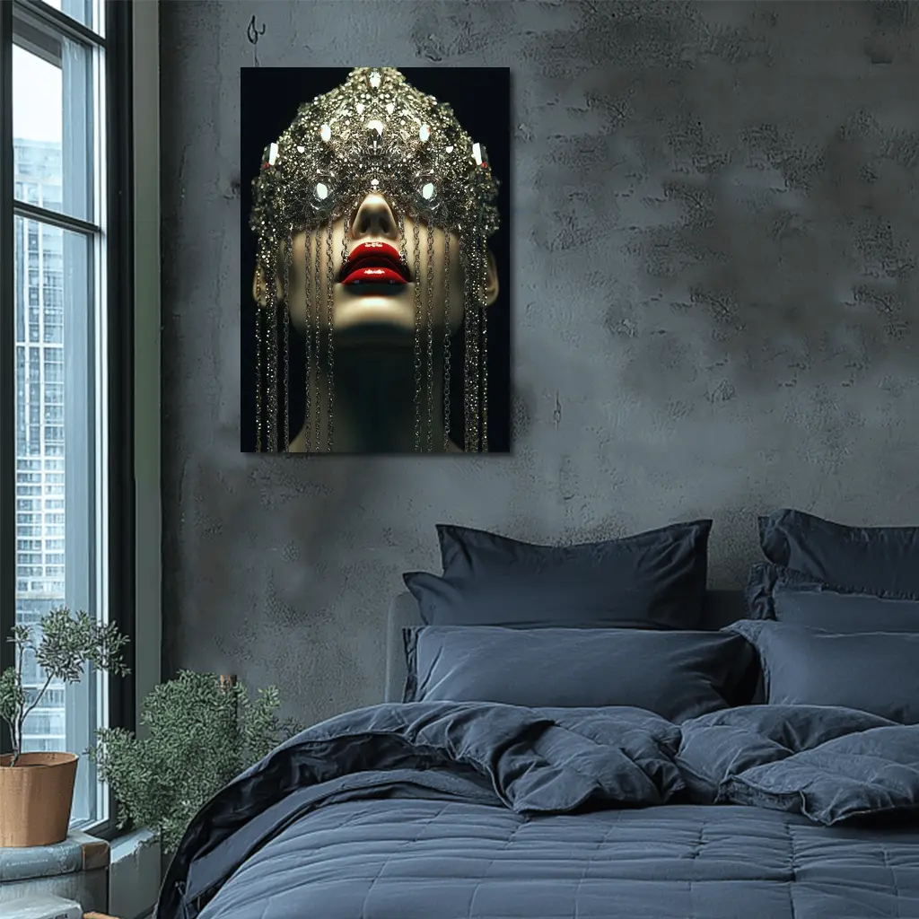 Woman Crystal Crown Red Lips Dark Background – Wall Art