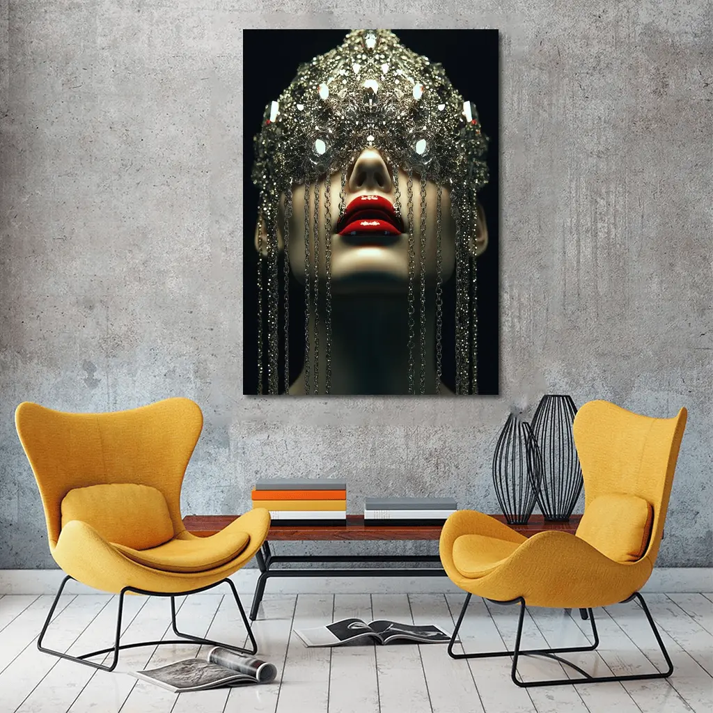 Woman Crystal Crown Red Lips Dark Background – Wall Art