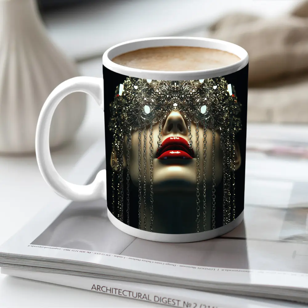 Woman Crystal Crown Red Lips Dark Background – Mugs