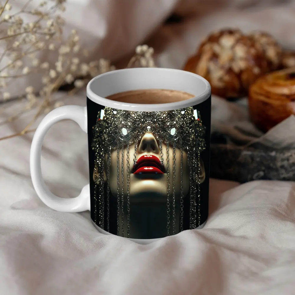Woman Crystal Crown Red Lips Dark Background – Mugs