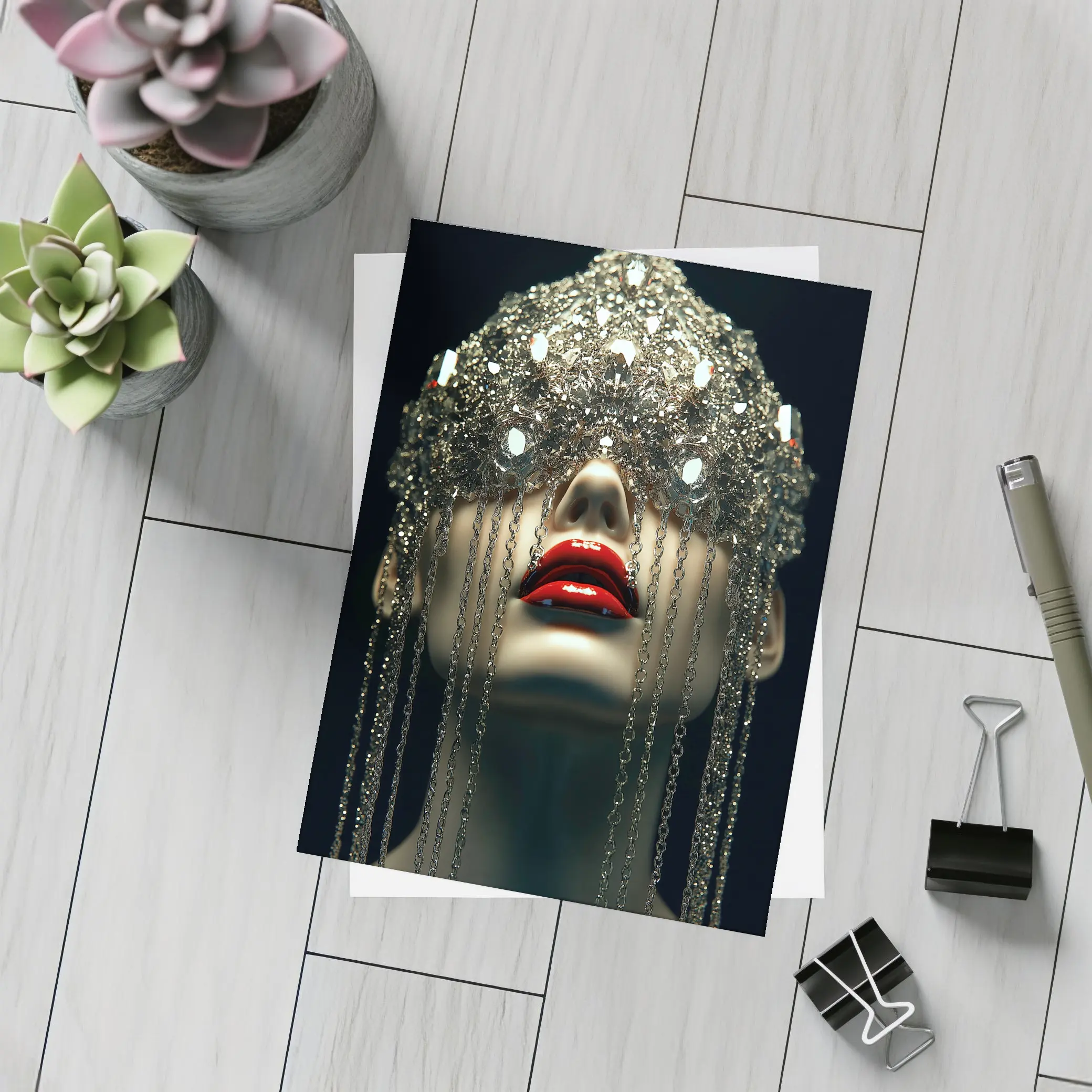 Woman Crystal Crown Red Lips Dark Background – Postcards