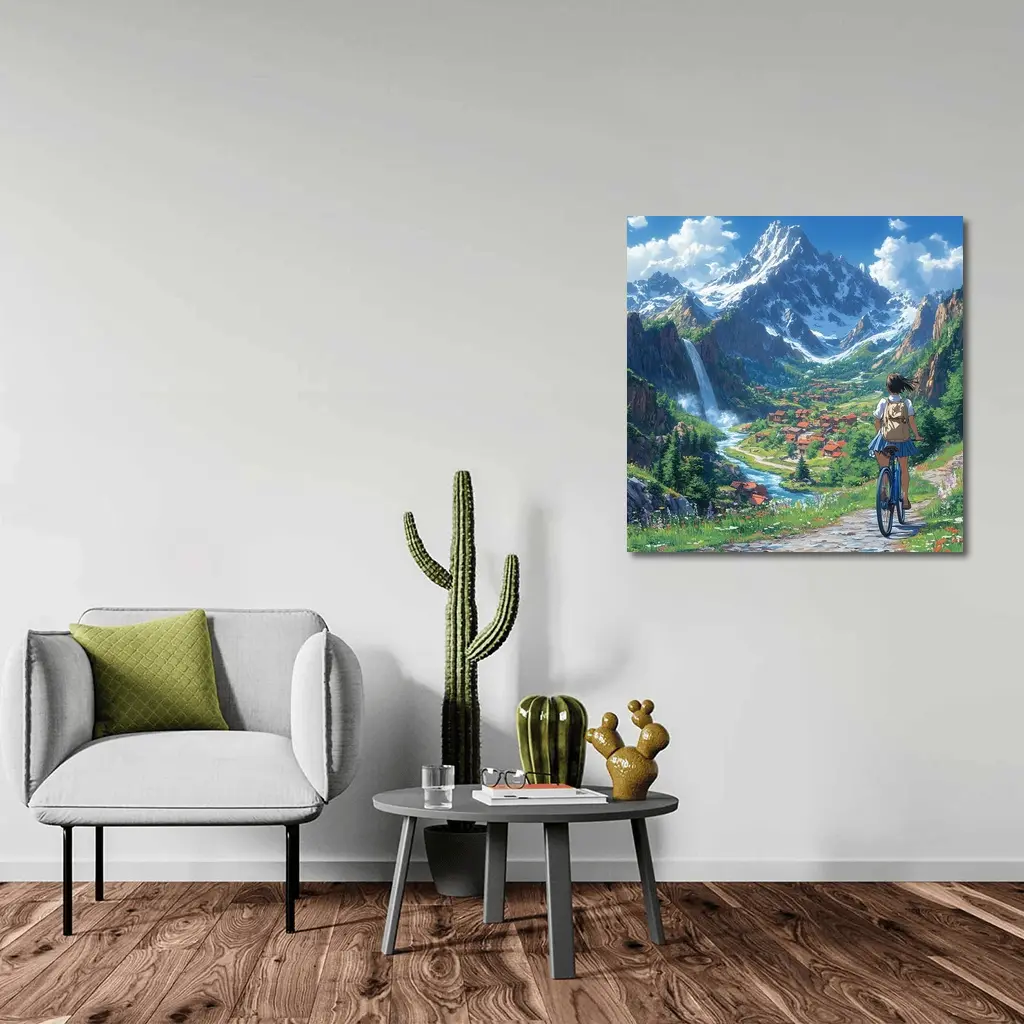 Anime Girl Cycling Mountain Valley Landscape – Wall Art
