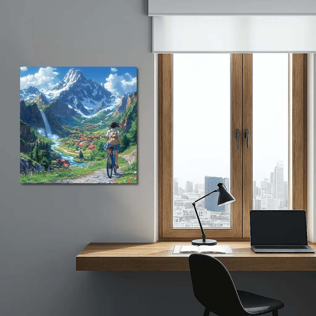 Anime Girl Cycling Mountain Valley Landscape – Wall Art