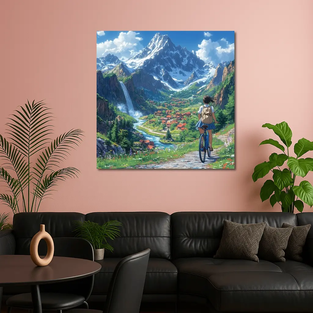 Anime Girl Cycling Mountain Valley Landscape – Wall Art