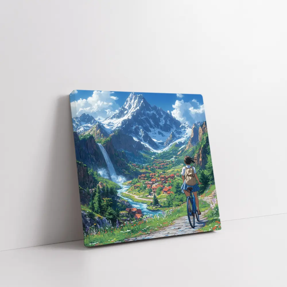 Anime Girl Cycling Mountain Valley Landscape – Wall Art