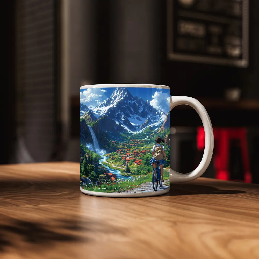 Anime Girl Cycling Mountain Valley Landscape – Mugs