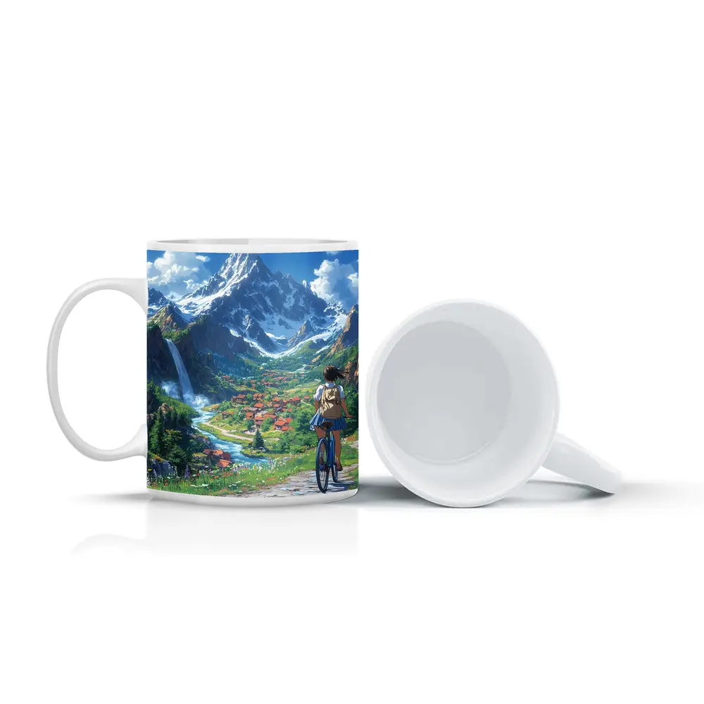 Anime Girl Cycling Mountain Valley Landscape – Mugs