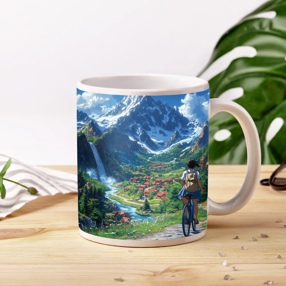 Anime Girl Cycling Mountain Valley Landscape – Mugs