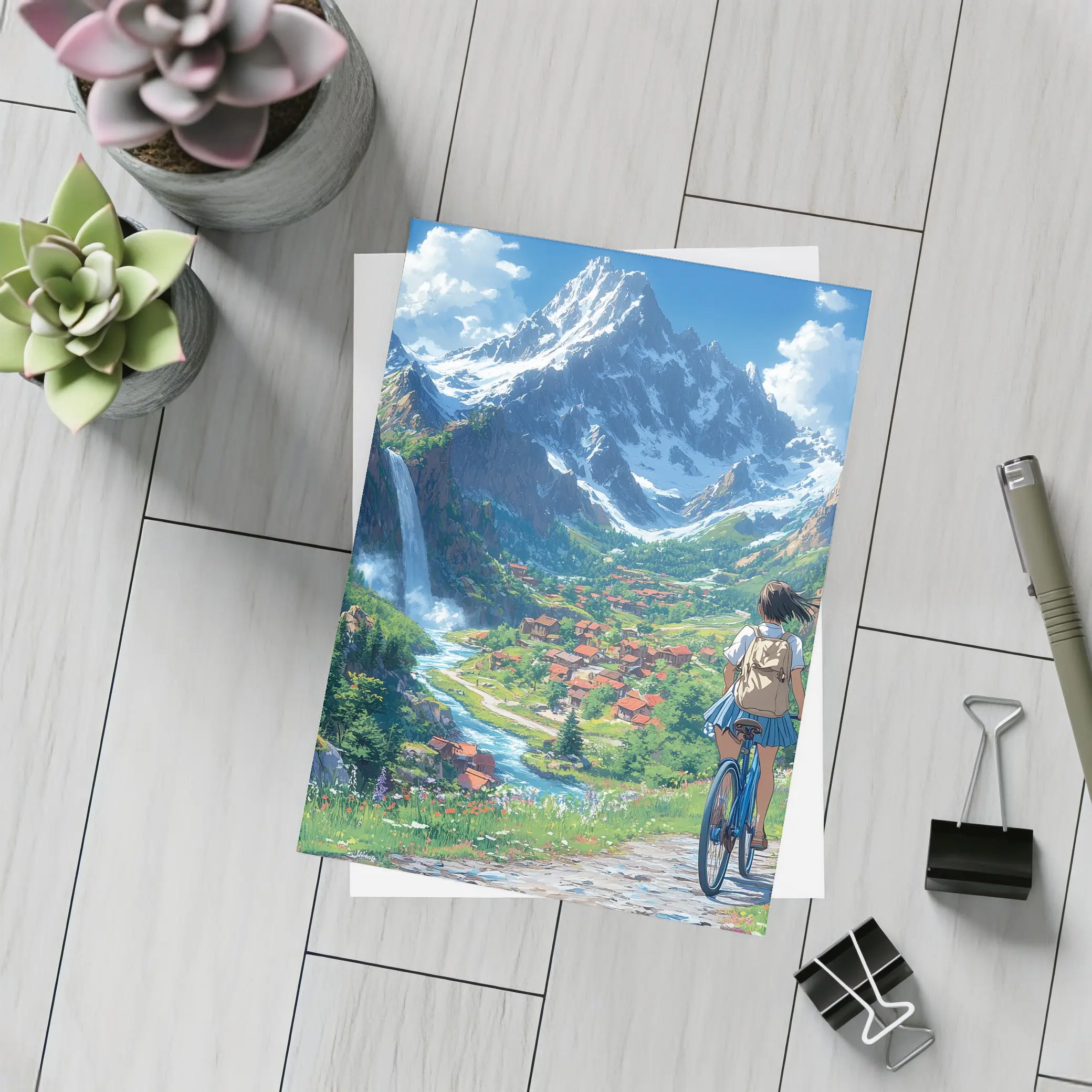 Anime Girl Cycling Mountain Valley Landscape – Postcards