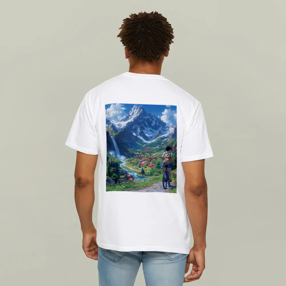Anime Girl Cycling Mountain Valley Landscape – T-Shirts