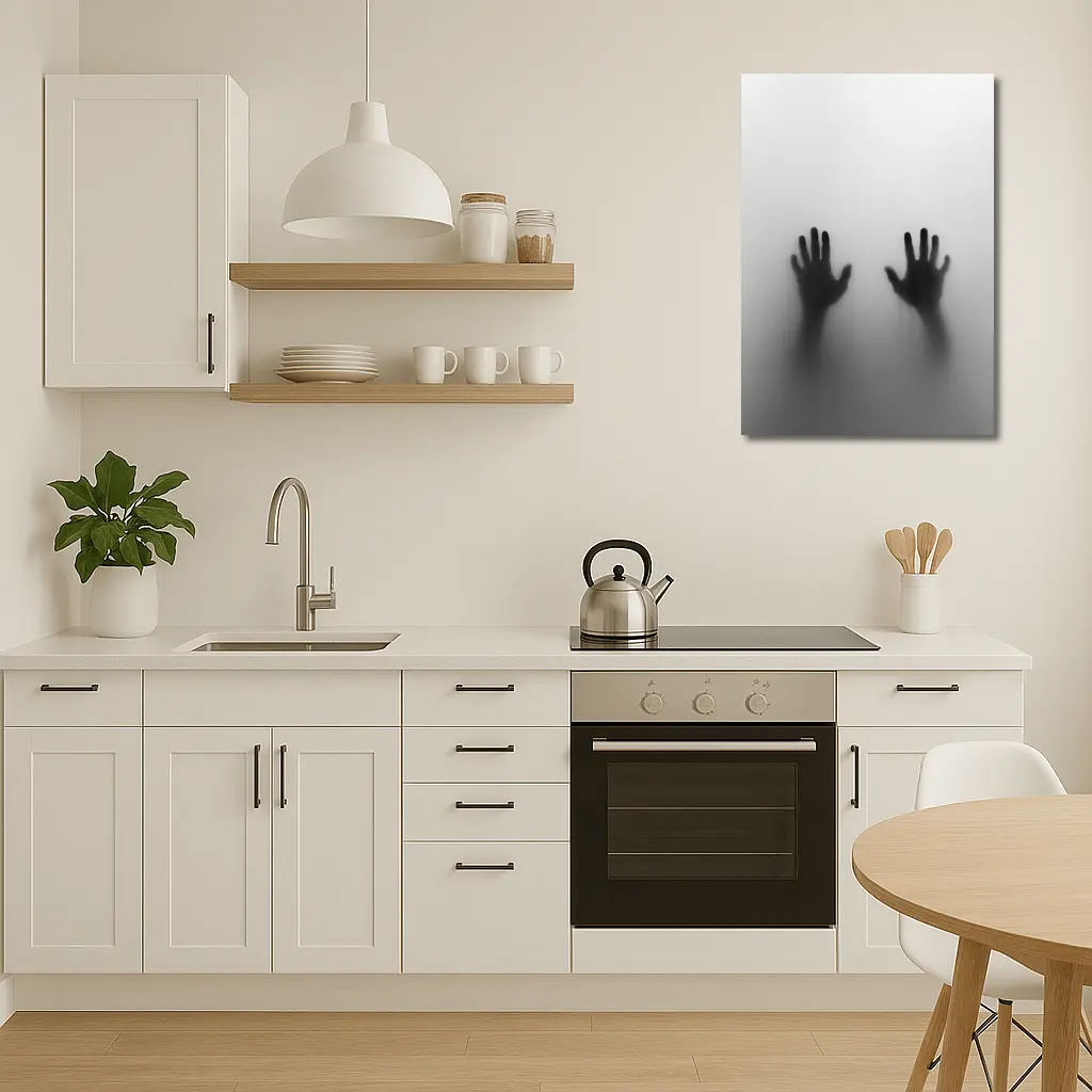 Two Shadowy Hands Pressing Through Fog – Wall Art