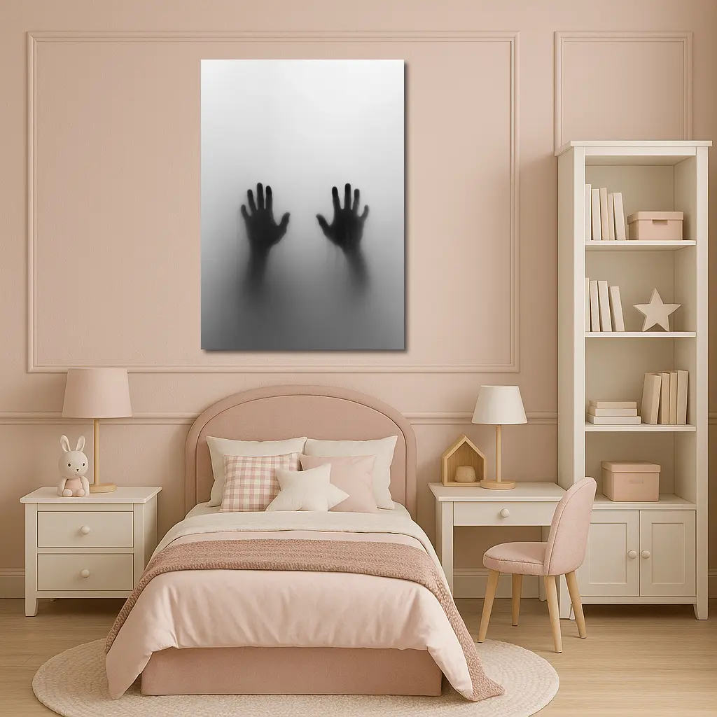 Two Shadowy Hands Pressing Through Fog – Wall Art