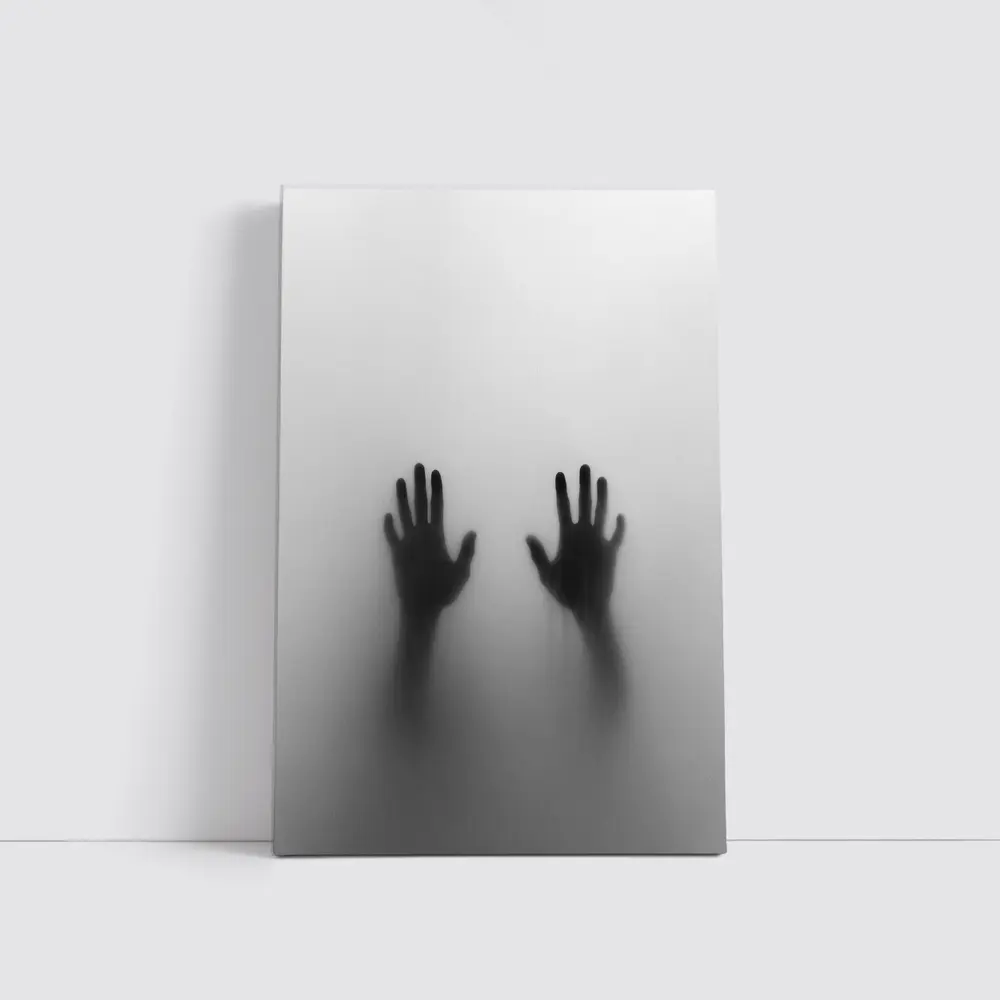 Two Shadowy Hands Pressing Through Fog – Wall Art