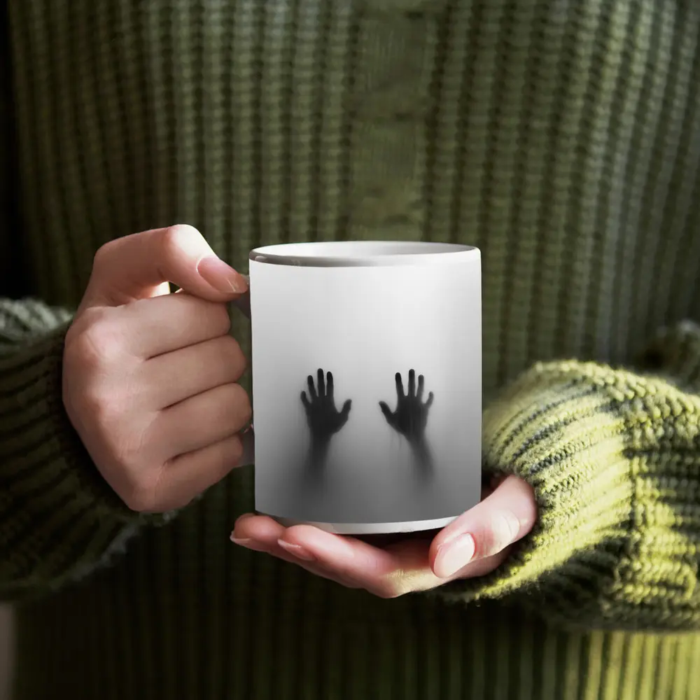 Two Shadowy Hands Pressing Through Fog – Mugs