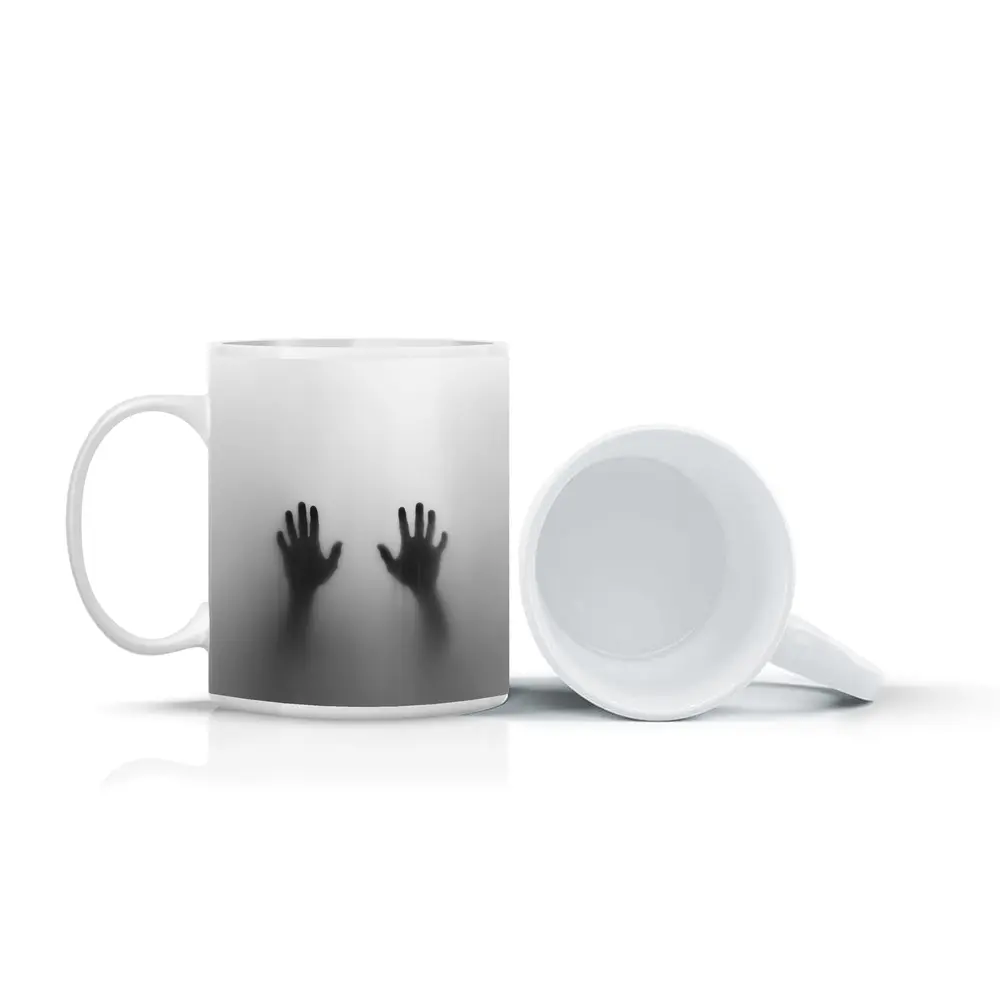 Two Shadowy Hands Pressing Through Fog – Mugs