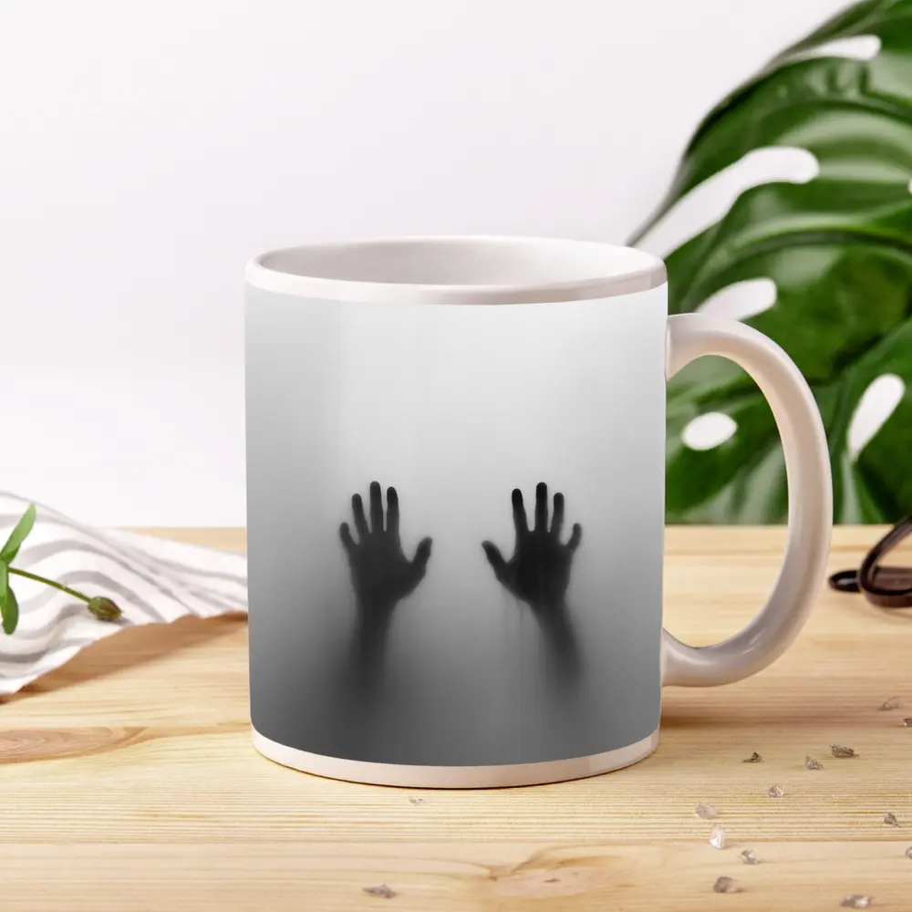Two Shadowy Hands Pressing Through Fog – Mugs