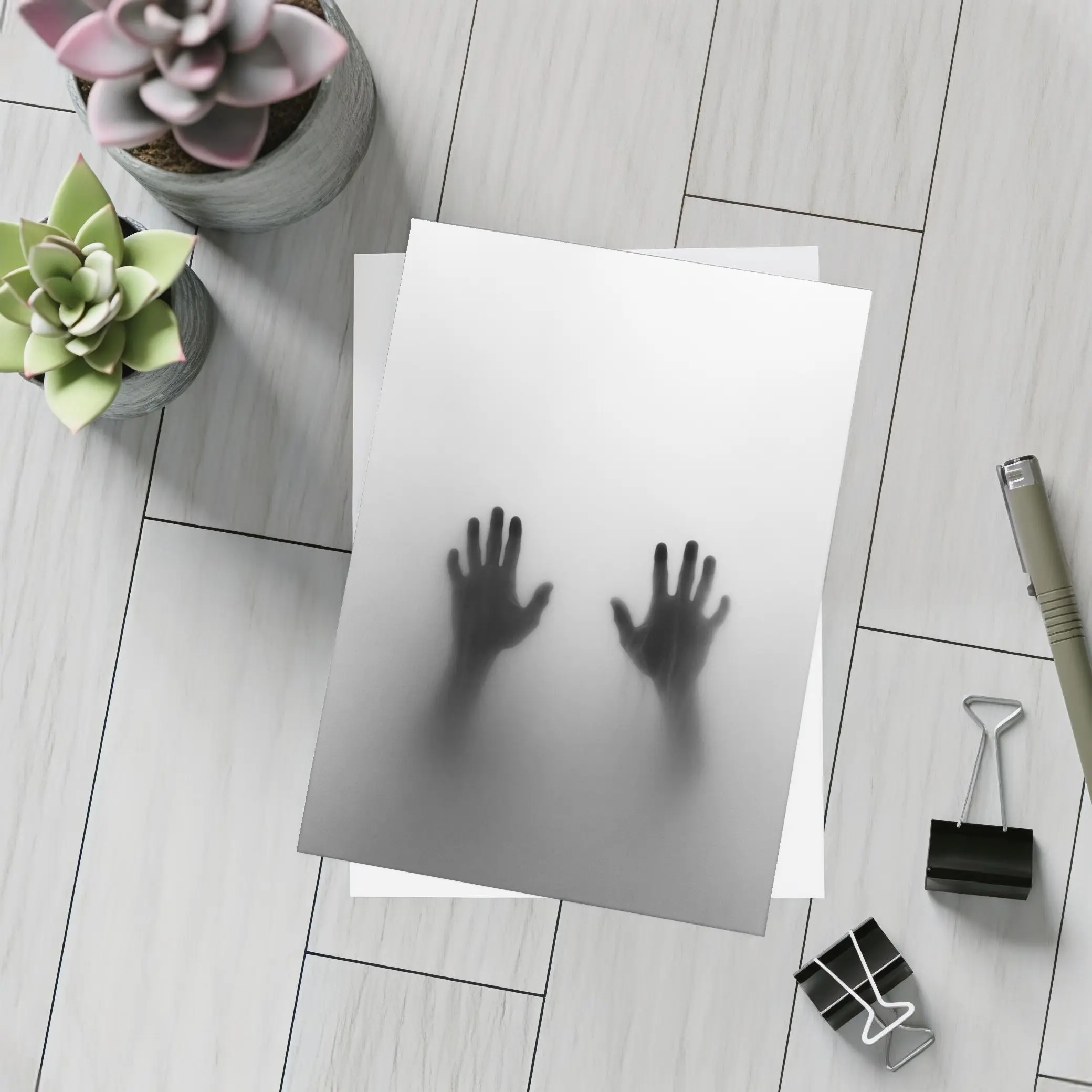 Two Shadowy Hands Pressing Through Fog – Postcards