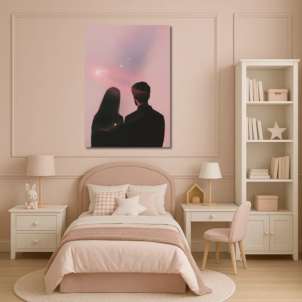 Couple Silhouette Under Pink Cosmic Sky – Wall Art