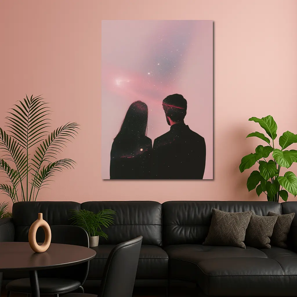 Couple Silhouette Under Pink Cosmic Sky – Wall Art