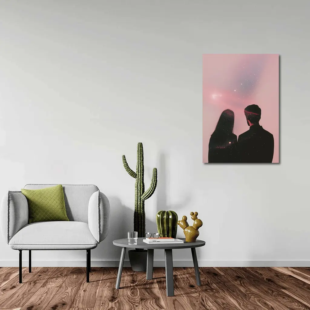 Couple Silhouette Under Pink Cosmic Sky – Wall Art
