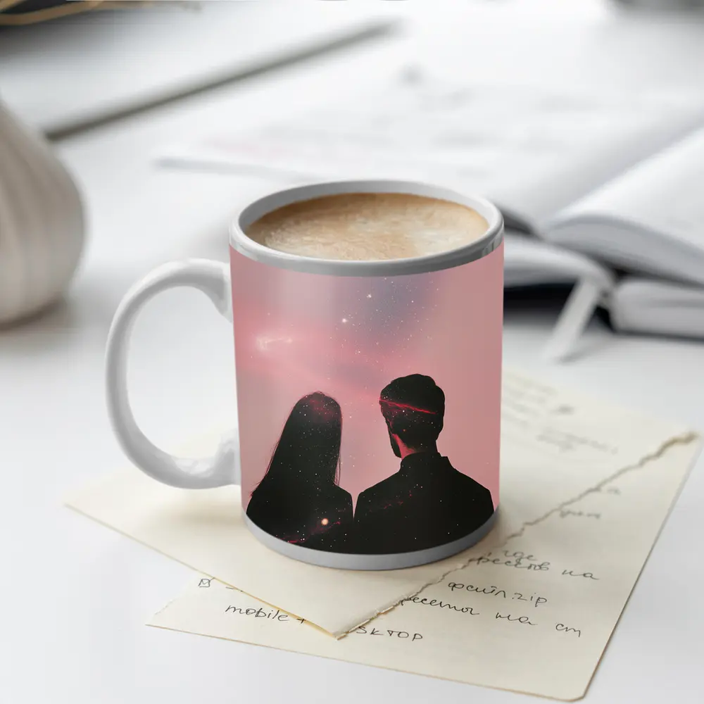 Couple Silhouette Under Pink Cosmic Sky – Mugs