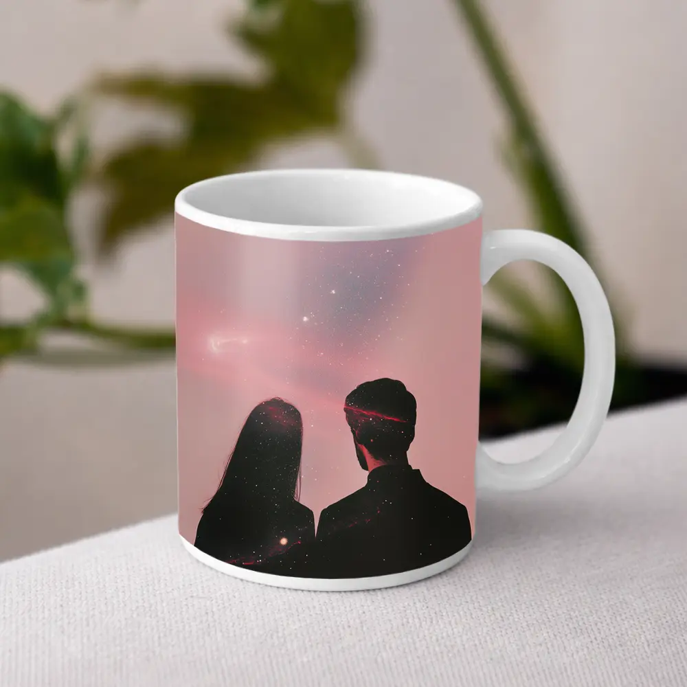Couple Silhouette Under Pink Cosmic Sky – Mugs