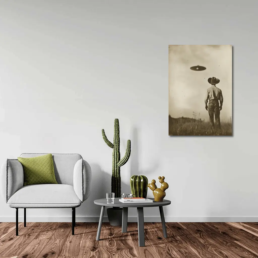 Cowboy Watching UFO Vintage Sepia Field – Wall Art