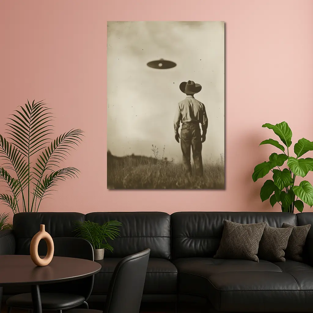 Cowboy Watching UFO Vintage Sepia Field – Wall Art