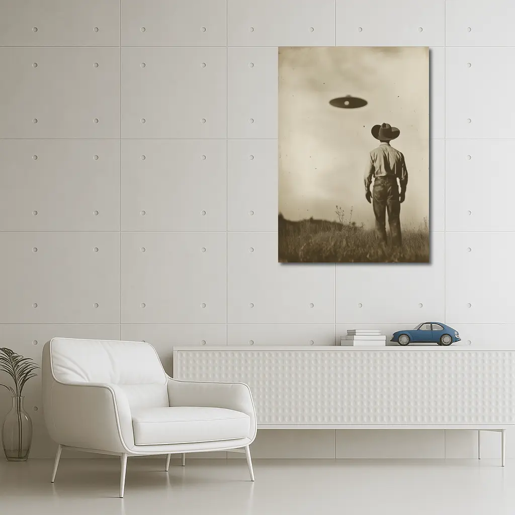 Cowboy Watching UFO Vintage Sepia Field – Wall Art