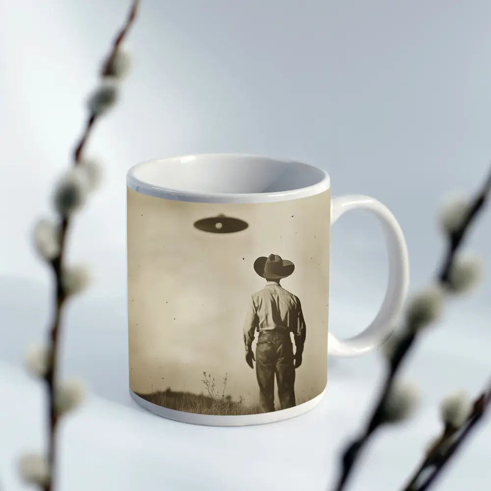 Cowboy Watching UFO Vintage Sepia Field – Mugs