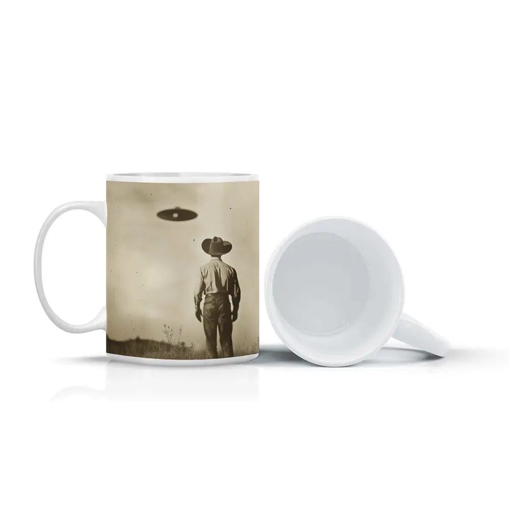 Cowboy Watching UFO Vintage Sepia Field – Mugs