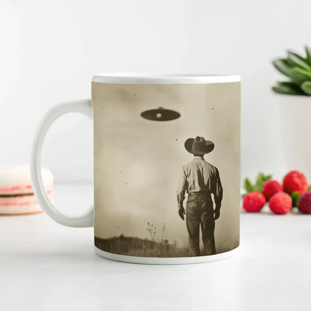 Cowboy Watching UFO Vintage Sepia Field – Mugs