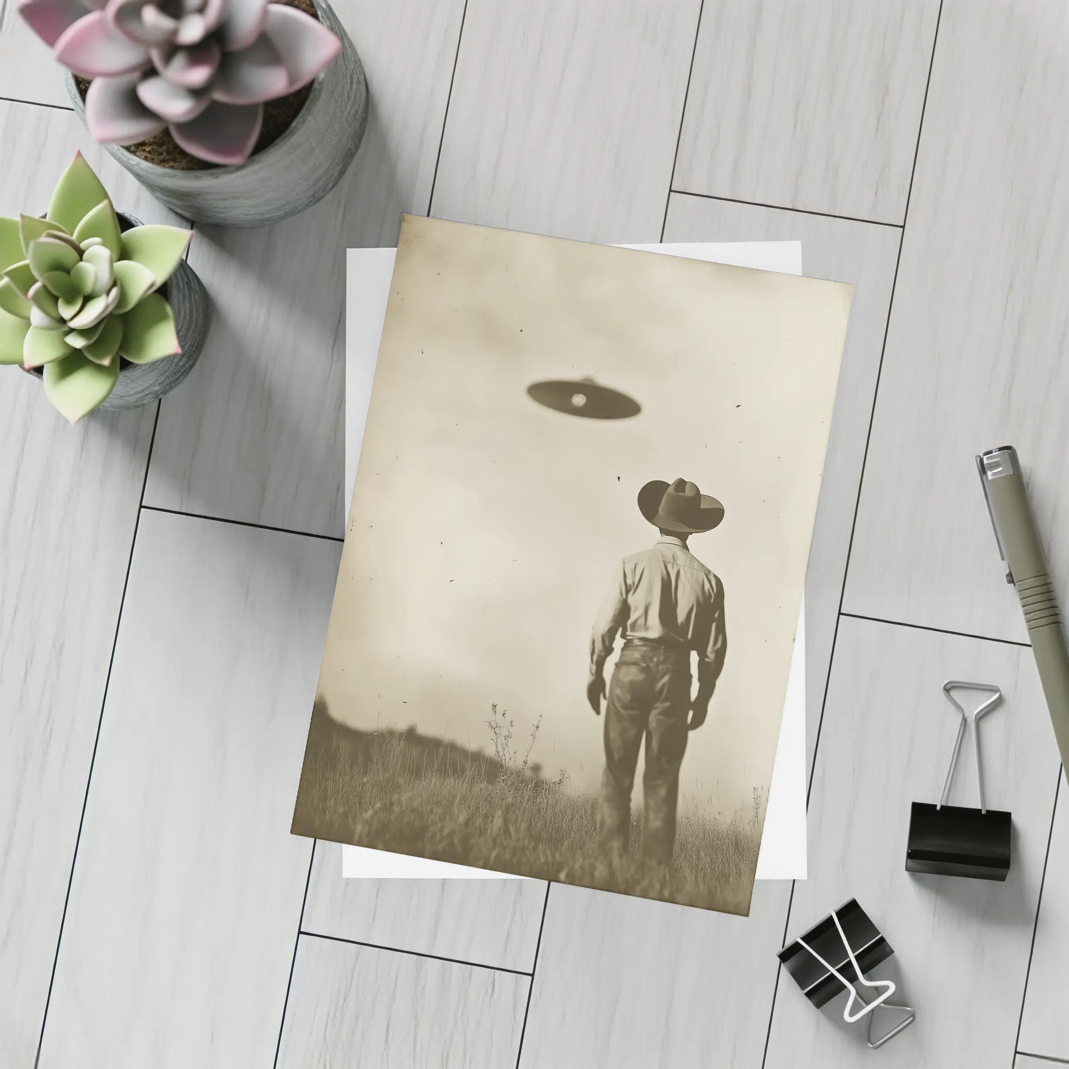 Cowboy Watching UFO Vintage Sepia Field – Postcards