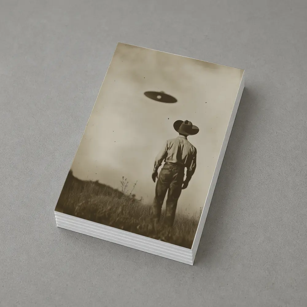 Cowboy Watching UFO Vintage Sepia Field – Postcards